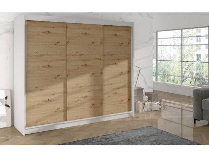 Skříň Debora II 200 cm - bílá/dub artisan, výška 215 cm, hloubka 58 cm