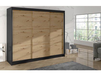 Skříň Debora II 200 cm - černá/dub artisan, výška 215 cm, hloubka 58 cm