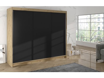 Skříň Debora II 200 cm - dub artisan/černá, výška 215 cm, hloubka 58 cm
