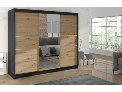 Skříň Debora VI 200 cm  - černá/dub artisan, výška 215 cm, hloubka 58 cm